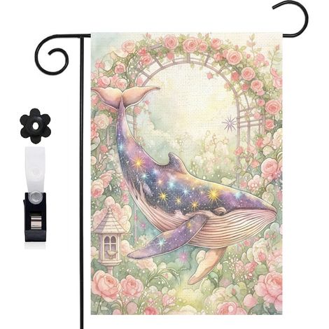 Drapeau de jardin bienvenue 30 x 45 cm motif baleine féerique et océan toile double face décoration extérieure (1/5)