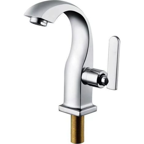 Robinet d'eau froide unique Chrome Salle de bain Lavabo Robinet Cuivre Levier unique Bec Bassin Bain Robinet d'eau froide Maison Jardin Accessoires (1/5)