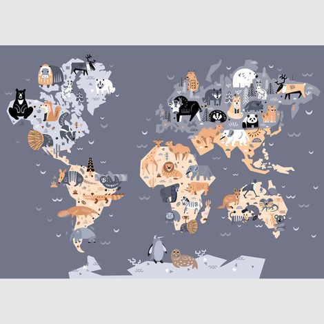 Papier peint intissé - Carte du monde des animaux sombres - 375x270 cm (1/3)