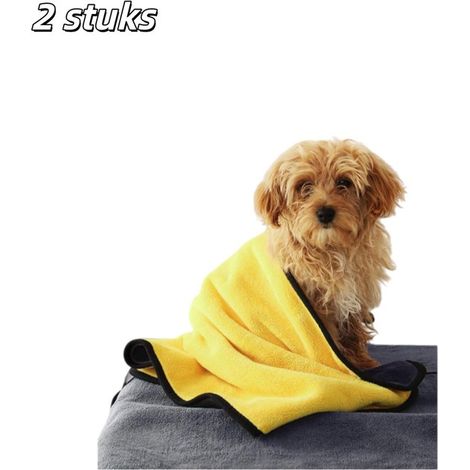 Lot de 2 serviettes pour chien en microfibre ultra-absorbante, douce et confortable (50 x 100 cm), de couleur jaune, convenant aux chiens de toutes tailles. (1/5)