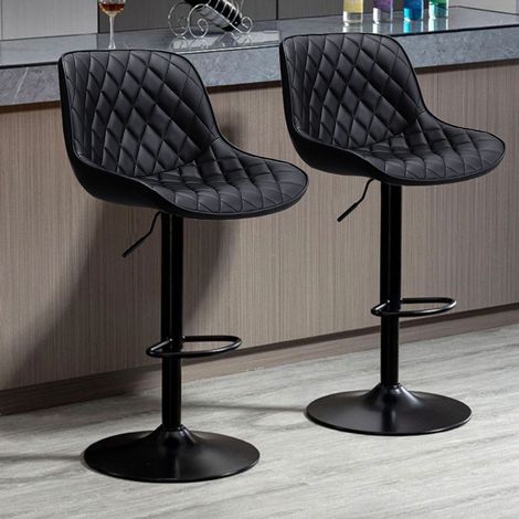 2 Pcs Faux Leather Height Adjustable Bar Stool Black (1/5)