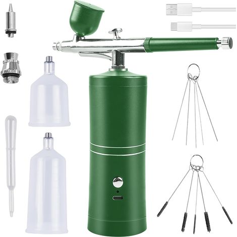 Kit Aerographe Avec Compresseur, Compresseur Aérographe, Kit D'aérographe Pistolet Rechargeable Air Brush Airbrush Portable Brosse À Air Pour Maquillage, Nail Art, Décoration De Gâteau Grün (1/5)