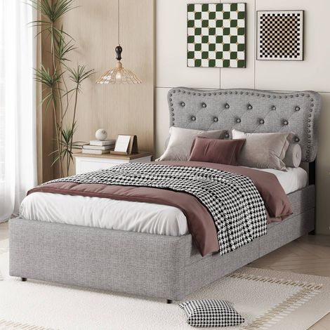 Lit rembourré 90x200 cm avec sommier inclus, cadre de lit en tissu avec 2 tiroirs de rangement, tête de lit cloutée, sans matelas, gris (1/5)