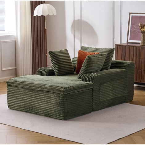 Divano da pavimento con chaise longue 165x112x63 cm verde in velluto a coste MEUBLIV (1/5)