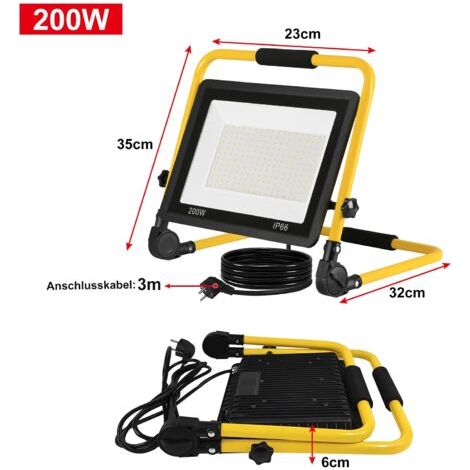 Projecteur de Chantier à LED Floodlight Lampe de Travail avec IP66 Étanche, Câble 3M et Support Pliable -200W Blanc Chaud NAIZY (1/4)