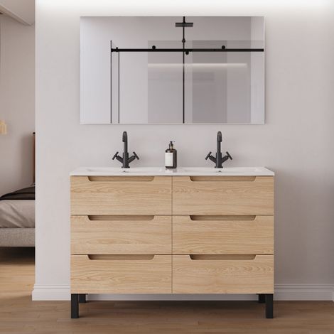 Meuble de salle de bain 140cm double vasque - 6 tiroirs - roble era (chêne clair) - RIZA (1/5)
