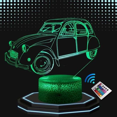 Lampe chevet 3D LED voiture de collection 2CV deux chevaux, Veilleuse changement de couleurs, Lampe tactile bureau chambre vintage (1/4)
