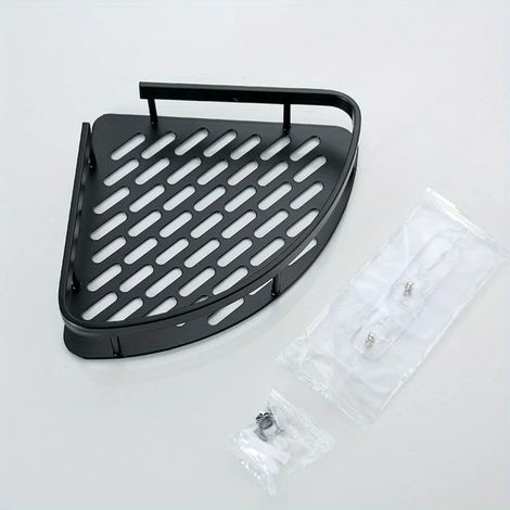 (noir) Étagère de douche murale d'angle robuste en acier, fixée par tension, pour le rangement des articles de toilette et accessoires de salle de bain. (1/5)