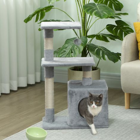PawHut Katzenkratzbaum, 81,5 cm, mit Sisalstämmen, 2 Plattformen, Höhle und Hängekugel, elegantes Design, 50 x 30 x 81,5 cm, Grau