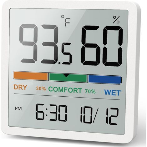Thermomètre et hygromètre d'intérieur avec fonctions de surveillance de la température et de l'humidité, et une horloge (blanc). (1/5)