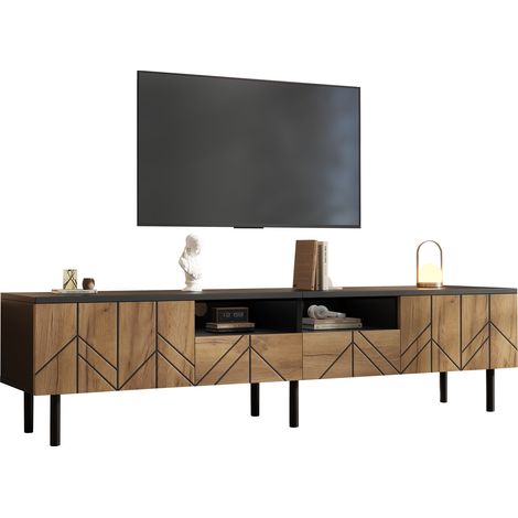 Mobile TV 180 x 40 x 45 cm in pannello truciolare, nero e legno, 2 cassetti e 2 ante (1/5)