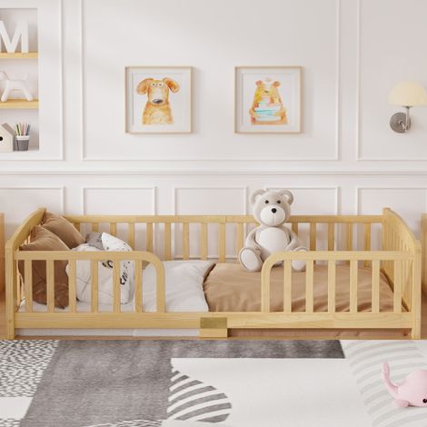 Letto a pavimento 90200 cm con sponde di sicurezza, accesso centrale, letto a pavimento in legno di pino con sponde, legno naturale (1/5)