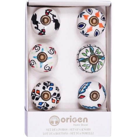 Pomos de cerámica blanca pintados a mano multicolor set de 6 (1/2)