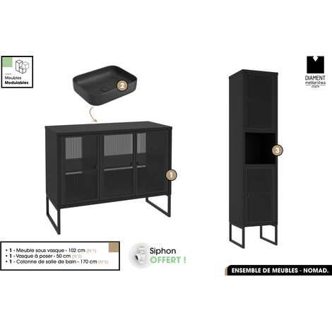 Ensemble complet de salle de bain - Meuble - Colonne - Vasque avec Siphon OFFERT NOMAD NOIR 102 x 80 x 43 cm (1/5)