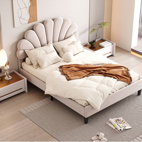 Cama tapizada 140x200 cm beige, terciopelo y MDF - cabecero floral con somier (1/5)