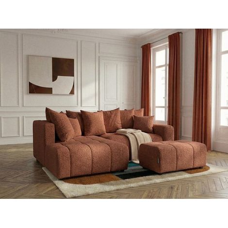 BOBOCHIC - Canapé d'angle L convertible coffre ROXELANE tissu bouclette avec pouf Angle gauche Orange (1/4)
