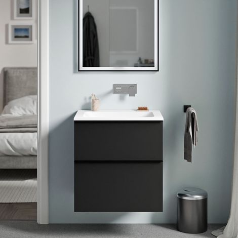 BERNSTEIN - Mueble lavabo suspendido MDF Negro mate, lavabo fundición Blanco mate sin orificio grifería, Tirador cromado 60x46x62cm LAVOA Negro mate, cromo, Blanco mate sin agujero para grifería
