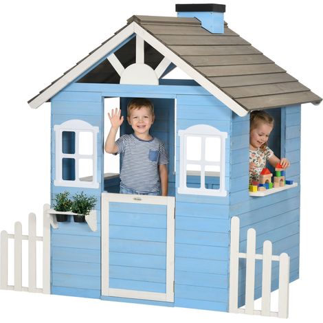 Casita Infantil de Madera Casa de Juegos Exterior para Niños de 3-7 Años 51x112,5x142 cm Azul (1/5)