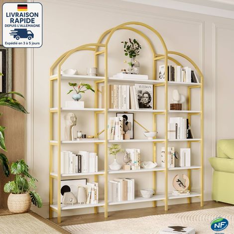 Libreria scaffale 170x26x190 cm, Ripiani multipli, portafiori, metallo + MDF, bianco e oro (1/5)