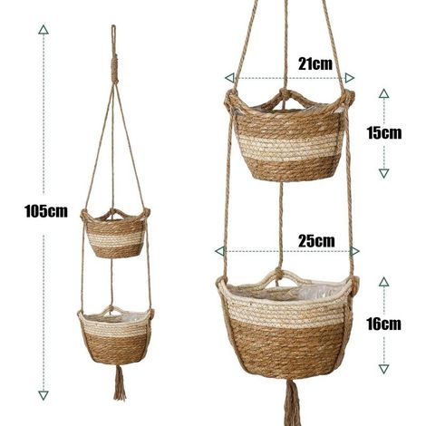 Seagrass Hanging Flower Basket, 2 Sizes, Indoor Outdoor Woven Flower Pot, Plant Container (Beige) (1/5)