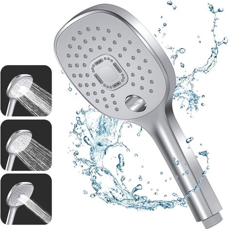 Vtizikl Pommeau Douche, 3 Types de Jets avec Poignée Durable et Buse en Silicone Respectueuse de l'environnement, Grand Pommeau de Douche Argenté (Pommeau de Douche sans Tuyau) (1/5)