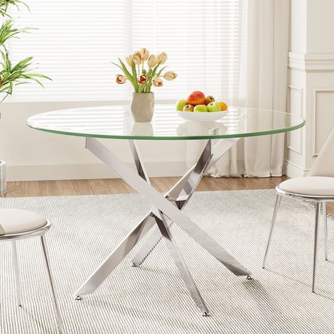 Table à Manger en Verre Ronde pour 4 Personnes 85×85×75 cm Pieds Métal pour Salon Cuisine Salle à manger Argent (1/5)