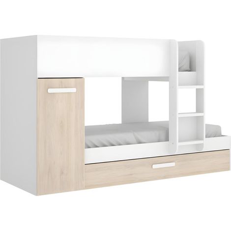 Lit superposé 90 x 190 cm avec tiroir gigogne et rangement – Structure en panneau de particule mélaminé – Blanc et naturel – 2 places – Dekit (1/7)