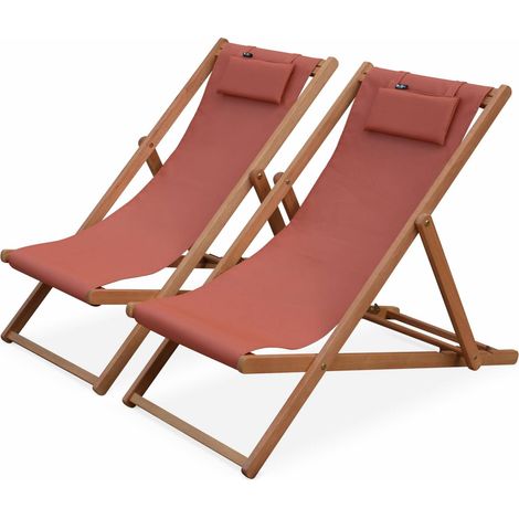 Pair of eucalyptus deck chairs with headrest cushions Terracotta 102x56x86 cm - Creus