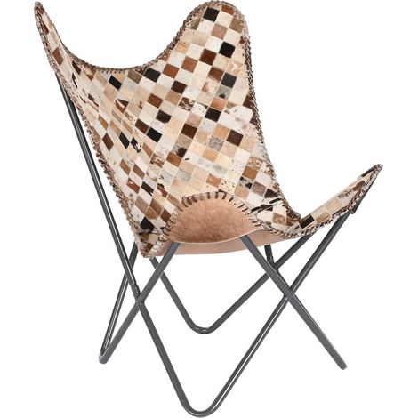 Chaise papillon élégance cuir et fer pour salon - Ton marron beige nuancé en cuir (1/5)
