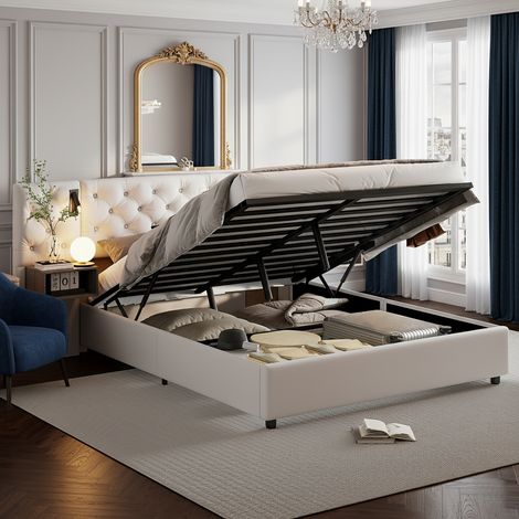 Lit coffre 140x200 cm avec Sommier à lattes, 2 tables de chevet, 2 lampes de lecture, tête de lit connectée USB, lit double hydraulique - Blanc (1/5)