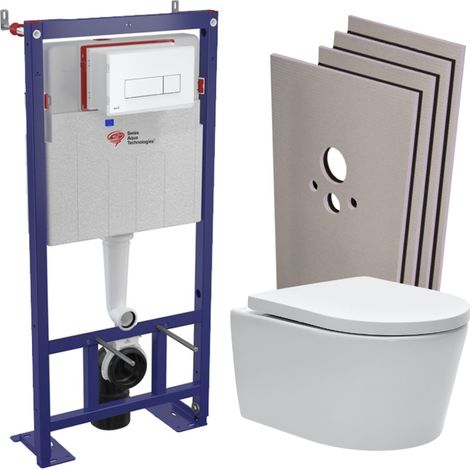 Swiss Aqua Technologies – Pack WC bâti-autoportant – Cuvette suspendue sans bride – Abattant softclose – Plaque de commande blanche – Set d'habillage hydrofuge