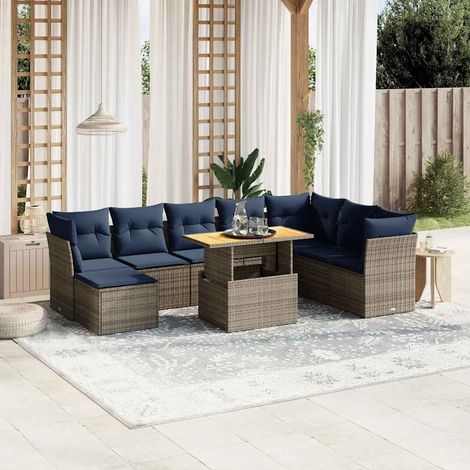 Set de sofás de jardín 9 pzas con cojines ratán sintético gris vidaXL (1/5)