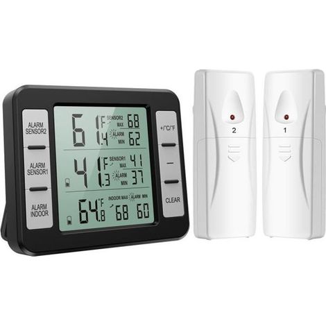 Thermomètre de réfrigérateur congélateur numérique sans fil intérieur / extérieur avec 2 capteurs sans fil, alarme sonore, (1/4)