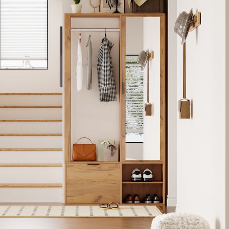 Porte-manteau d'entrée en panneaux de particules coloris bois naturel avec miroir, 100 x 33 x 190 cm, vestiaire 9 rangements (1/5)