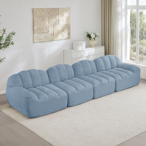 Divano modulare 4 posti a forma di conchiglia, seduta profonda, tessuto pile testurizzato, blu (1/5)