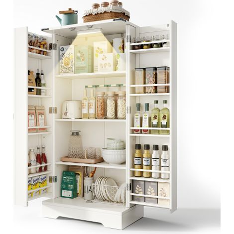 Mobile da cucina alto 128,5 cm, mobile contenitore in stile rustico – mobile dispensa a LED con 2 ante a battente e ripiani regolabili per piccoli spazi in sala da pranzo o soggiorno, bianco con textu