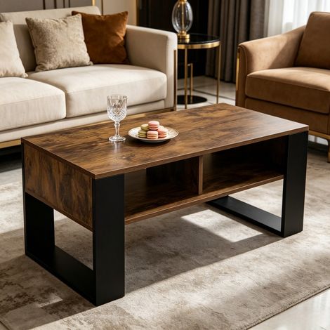 Table basse rectangulaire - 90x45x45,5 cm - Table de salon fixe meuble d'appoint 2 niches de rangement - Marron rustique et noir (1/5)