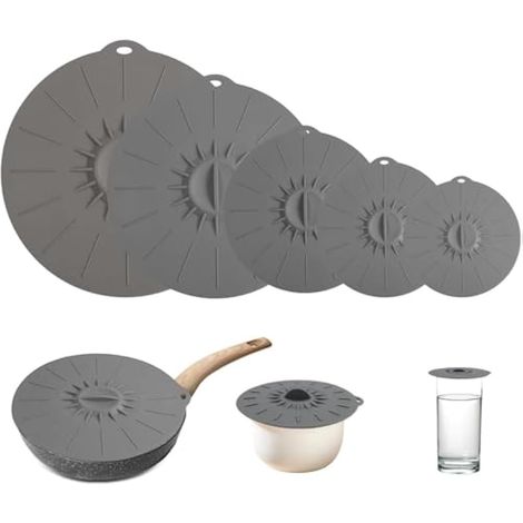 Lot de 5 couvercles en silicone avec ventouse, réutilisables, de tailles variées pour bols, plats et casseroles (gris) (1/5)