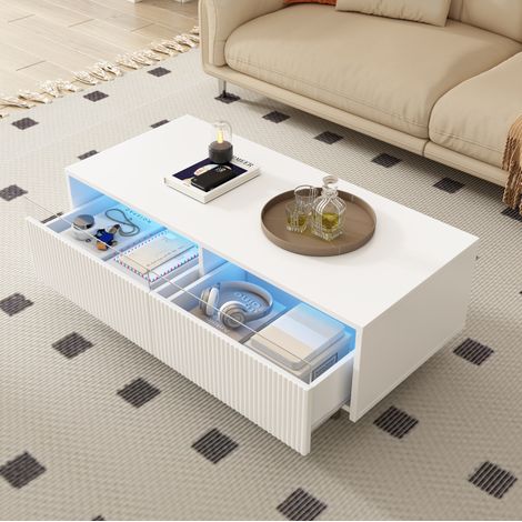 Tavolino rettangolare bianco con 2 cassetti, striscia LED e gambe dorate e bianche (1/5)