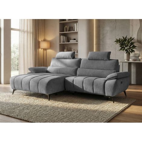 Canapé d’angle relax électrique en velours chiné gris LYANA - (1/5)