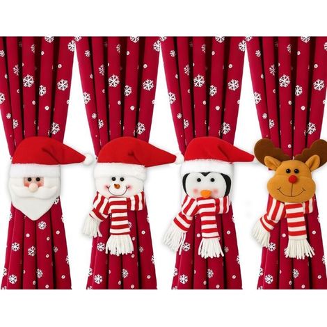 4 Pièces Embrasse pour Rideaux Noel, Attache Rideau Noel pour Noël – Père Noël, Bonhomme de Neige, Élan et Pingouin (1/5)