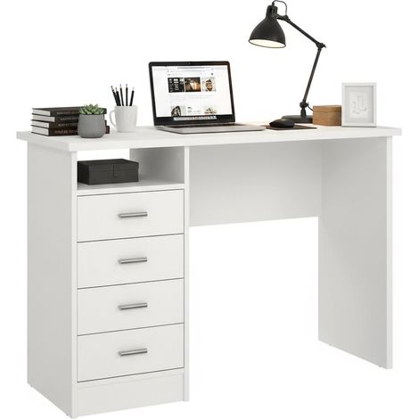 Dmora Scrivania lineare con quattro cassetti, colore bianco, Misure 110 x 76 x 48 cm, con imballo rinforzato