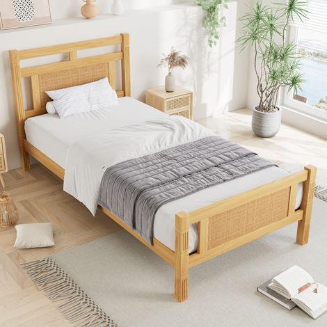 Wooden bed, 3ft single bed 90×190cm, MDF with rattan paper, Sturdy bed slats, Pine+MDF+Plywood, Wood colour