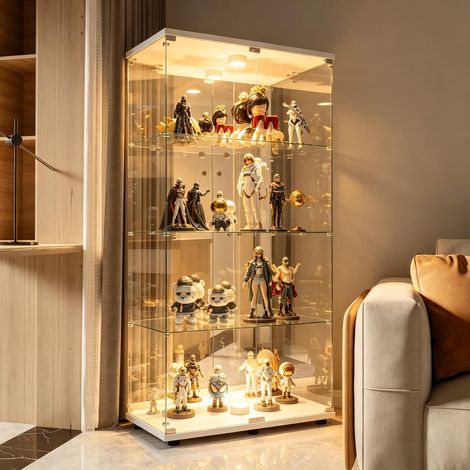 FOERPL-Glasvitrine mit LED-Beleuchtung, Säulenvitrine mit 4 Ablagen für Sammlerstücke, Weinschrank aus Glas mit 2 Türen und Schloss Sammlermöbel