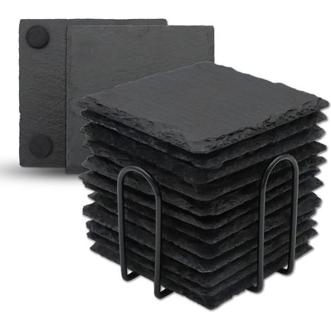 Lot de 12 Dessous de Verre avec Support, 10,2 cm, Pierre d'ardoise Noire avec Fond Anti-Rayures pour Bar, Cuisine, décoration d'intérieur, carré (1/5)