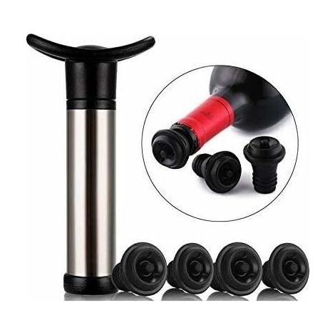 Pompe à vin sous vide en acier inoxydable – Élimine l'air pour conservation optimale – 4 bouchons inclus – Pour bouteilles standard (1/5)