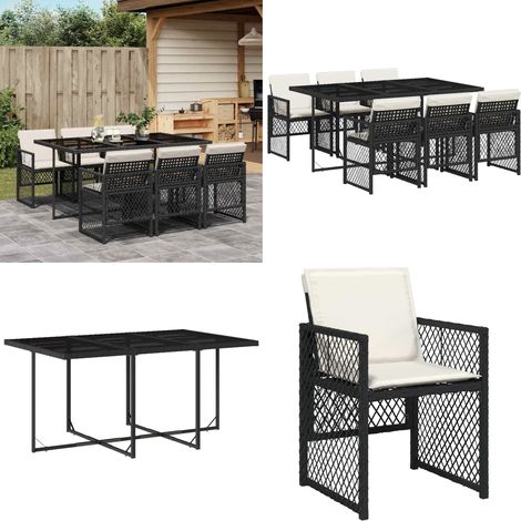 vidaXL 7-tlg. Garten-Essgruppe mit Kissen Schwarz Poly Rattan (1/5)