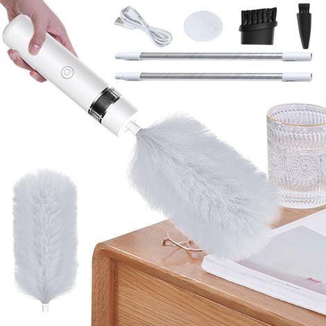Brosse électrique à plumes, petit plumeau à 360° pour le nettoyage automatique des ventilateurs de plafond, plafond haut, stores-Blanc (1/5)