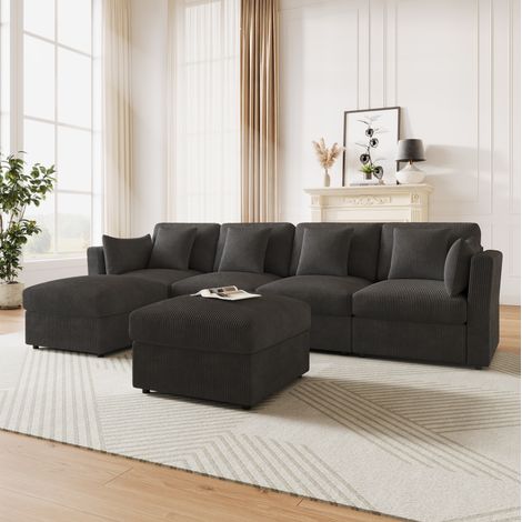 Modulares U-Ecksofa 4 bis 6 Plätze aus grauem Cord HAVRYA (1/5)