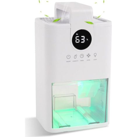Déshumidificateur 5-en-1 portable avec poignée, minuterie et arrêt automatique – Jusqu’à 600 m², éclairage LED 7 couleurs, niveau intégré